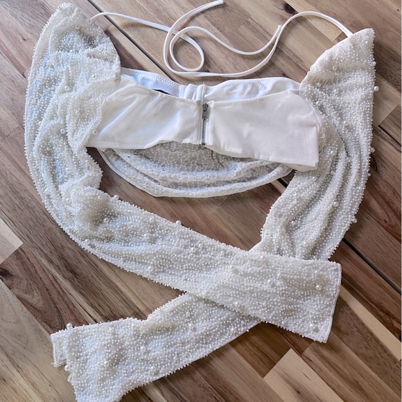 Embellished Cowl Neck Crop Top in Ivory - Picture 2 of 3